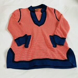 Tory Burch Red and Blue V-Neck Sweater